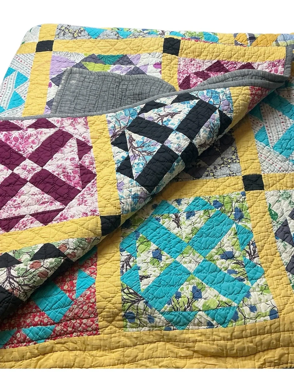 Vintage handstitched cross pattern multicolored patchwork quilt 70 x 75 USA made